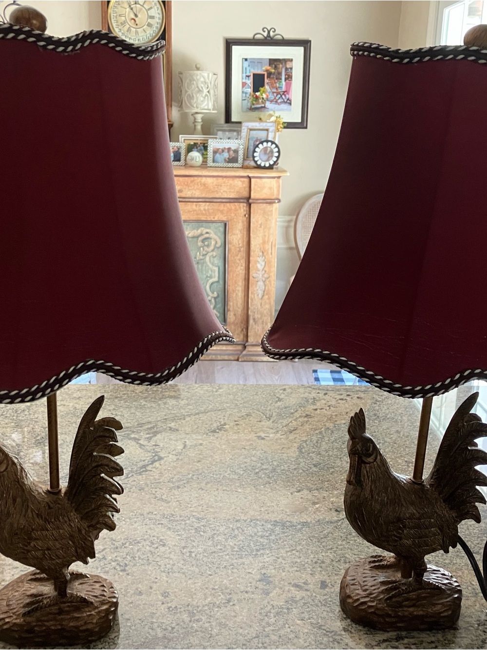 Pair of Rooster Table Lamps with Burgundy Shades